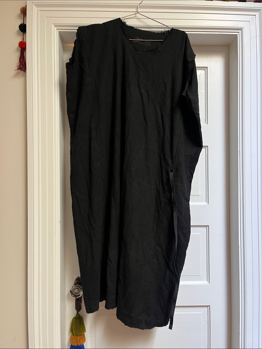 Raw Silk Noil Black Midi Dress - Minimal Sleeveless Dress with leather belt